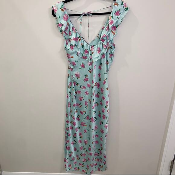 Zara Style 2157 / 046 Mint Green Pink Floral Ruffle Satin Slit Midi Dress Small - Picture 7 of 16